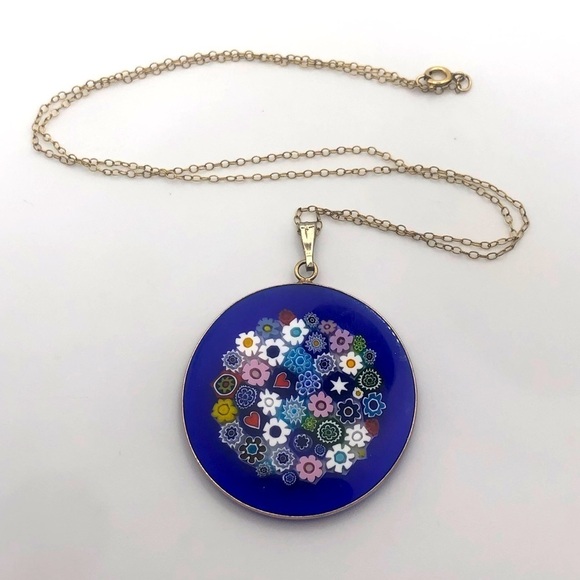 VTG Murano Millefiori Gold Tone 925 Pendant w 1/20 14k Gold Fill Chain 19” & 2” - Picture 3 of 12